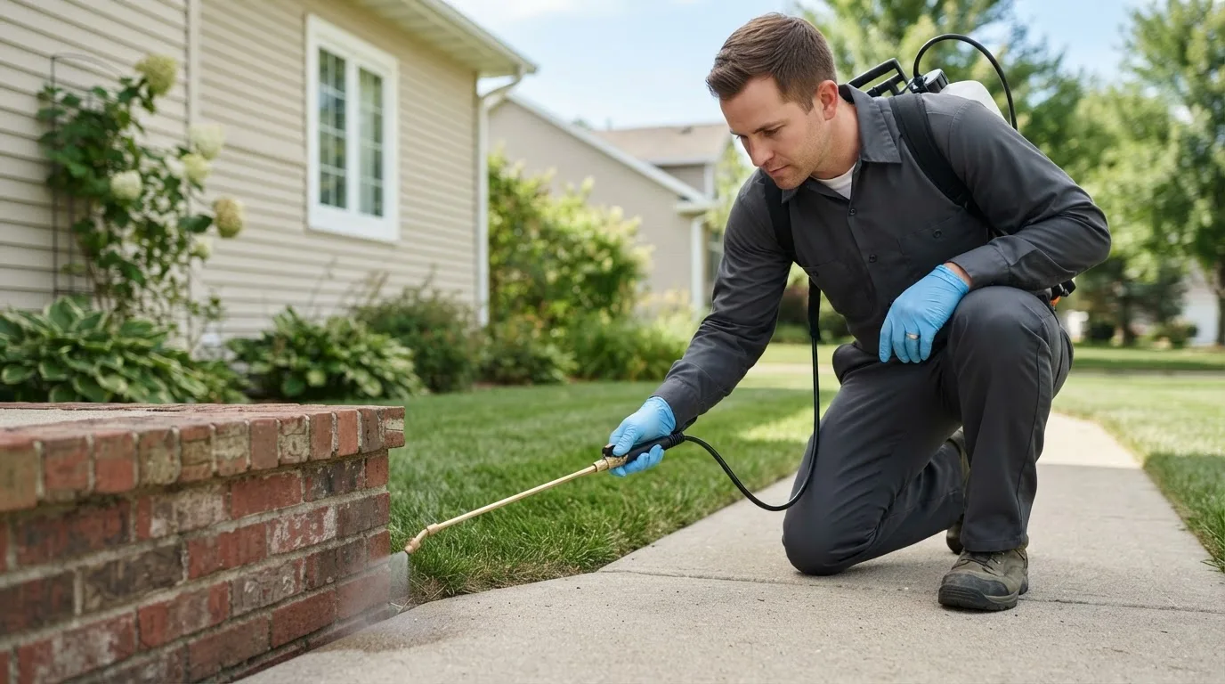 Pest control technician treating a home near Prescott, IA