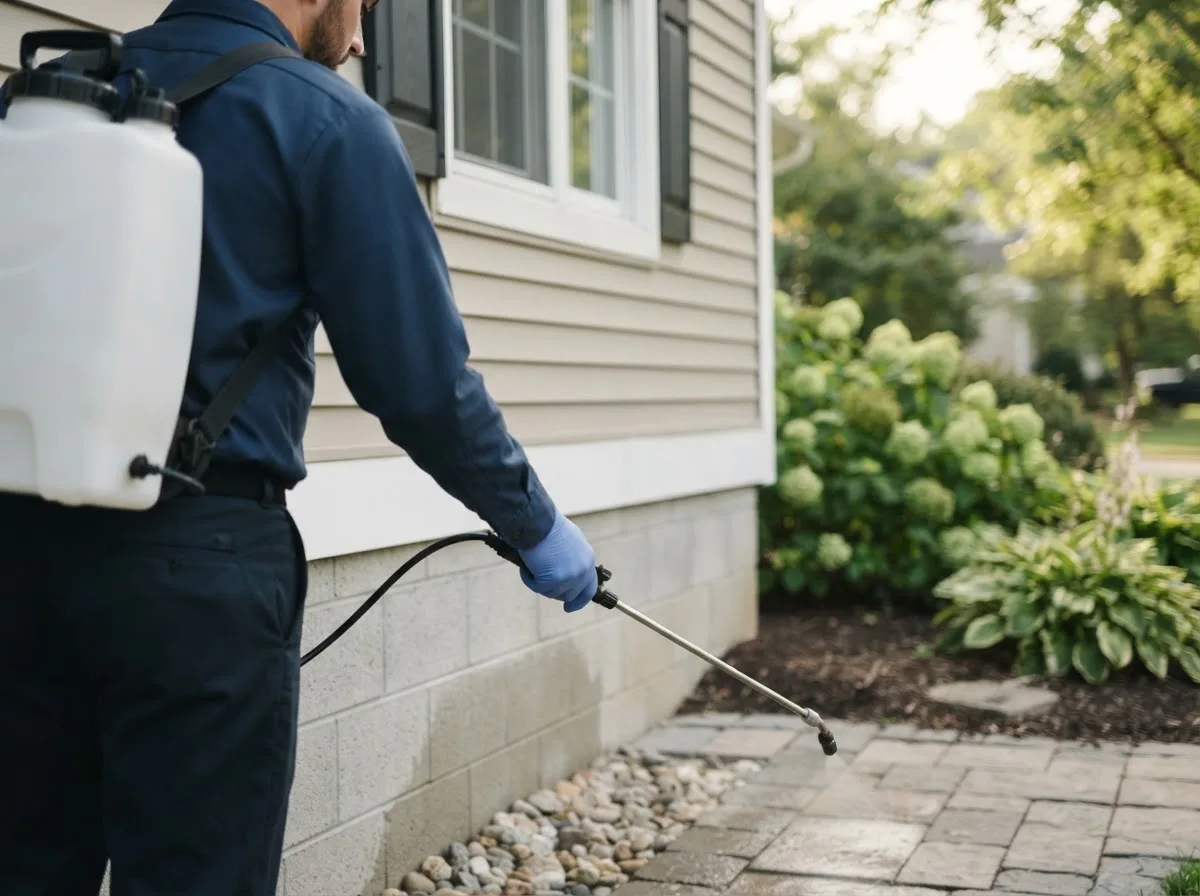 Pest control technician inspecting a home in Prescott, IA